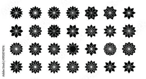Abstract Black Floral Mandala Vector Icon Set With Geometric Rosette Shapes And Decorative Symmetrical Flower Ornaments
