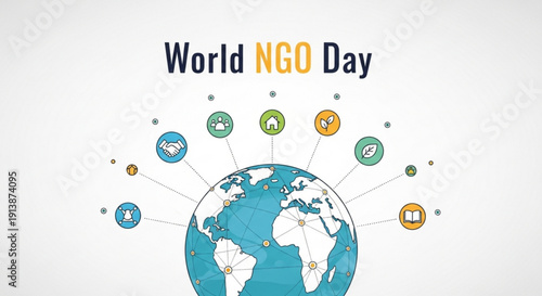 World ngo day global celebration with earth icon and social symbols