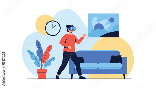 Man wearing a virtual reality headset explores a simulated environment while walking through his living room at home during daytime.