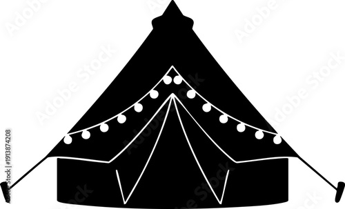 Glamping Bell Tent Silhouette Luxury Camping with Bistro String Lights Minimalist Outdoor Travel Flat Vector Icon