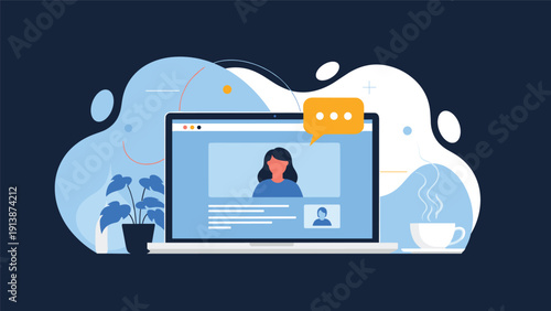 Digital workspace features a laptop showing a social profile with notification icons next to a steaming cup of coffee and a plant.