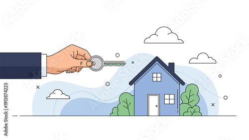 Professional business hand holds a silver key in front of a modern blue house to represent real estate sales and new home ownership.