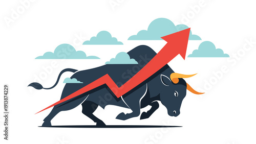 Mighty bull runs forward with a red lightning bolt arrow against a cloudy sky to illustrate a bullish market and economic prosperity.