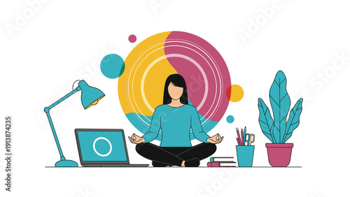 Young woman practices mindfulness and meditation at her office desk while sitting in a lotus position near her laptop and houseplant.