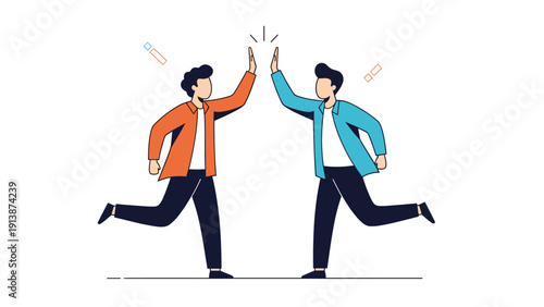Two happy men in casual outfits run towards each other to celebrate a success with a high five gesture against a clean background.