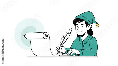 Whimsical elf in green clothing sits at a desk while writing a long list on a paper scroll using a traditional feather quill pen.