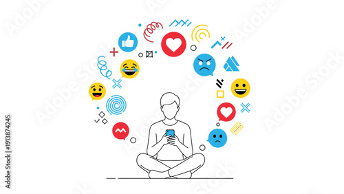 Person sits cross legged on the floor while using a smartphone surrounded by a variety of colorful social media emoji icons and symbols.