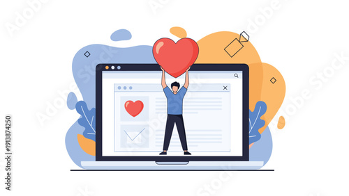 Friendly man appears inside a laptop screen holding a large red heart symbol to represent online dating and digital love connections.