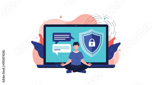 Man meditates in a peaceful state in front of his laptop while a security shield icon protects his personal data and online privacy.