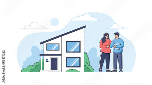Happy couple stands together in front of their modern dream house with large windows under a clear blue sky to celebrate ownership.
