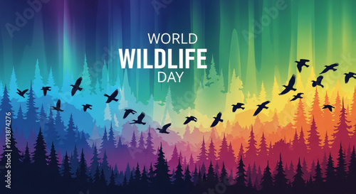 World wildlife day poster with rainbow colored aurora borealis background and flying birds