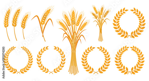 Golden Wheat And Grain Wreath Vector Icon Set With Agricultural Harvest Symbols For Farming Food Packaging And Branding Design