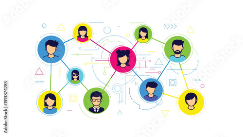Global communication network connects diverse profile icons with lines to represent social media communities and business collaboration.