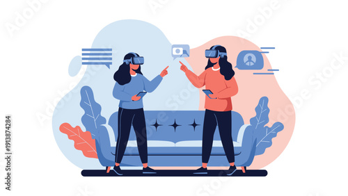 Two friends wear virtual reality headsets in a cozy living room to interact with digital elements and experience immersive gaming fun.