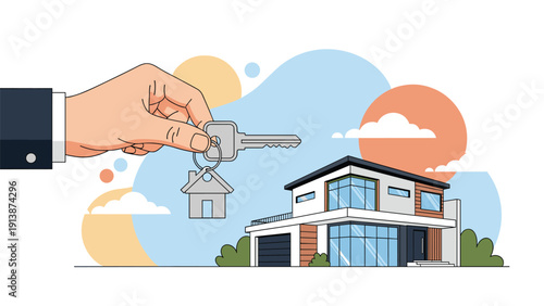 Large business hand presents house keys in front of a luxury modern home with glass walls to signify a successful real estate deal.