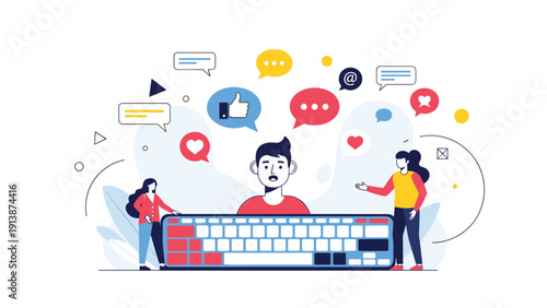 Person works at a large keyboard while surrounded by social media bubbles and floating female figures for digital communication.