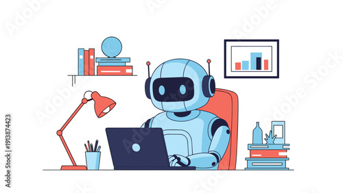 Friendly blue robot sits at a desk and types on a laptop while surrounded by books and office supplies for automated productivity.