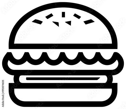 A minimalist black line icon of a classic cheeseburger with lettuce and sesame seeds on a white background for food or restaurant concepts