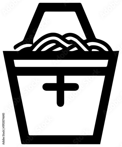 Minimalist black line icon of chinese takeout food in a container with handle