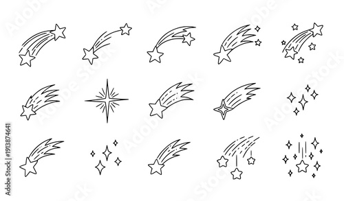 Falling stars doodle icon set with shooting star wish symbols vector illustration
