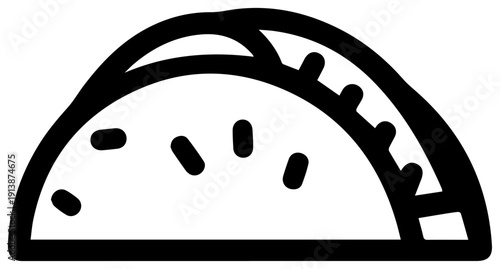 A minimalist black line icon of a folded calzone pizza on a white background for food or menu design