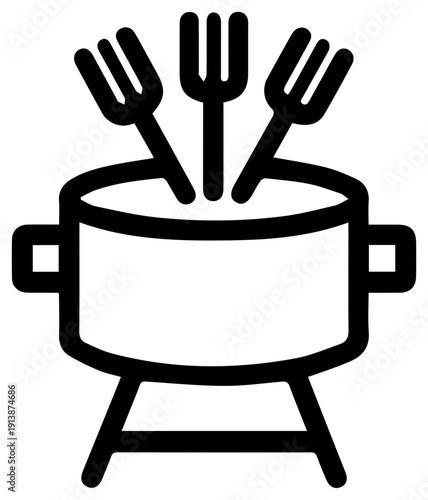 Minimalist black line icon of fondue pot with three forks on a stand simple design white background