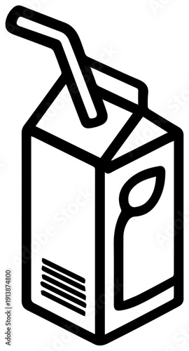 Minimalist black line icon of juice box carton with straw and handle on white background simple design for drinks and beverages