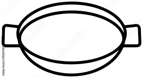 Minimalist black line icon of large paella pan with handles on white background simple cooking vessel illustration