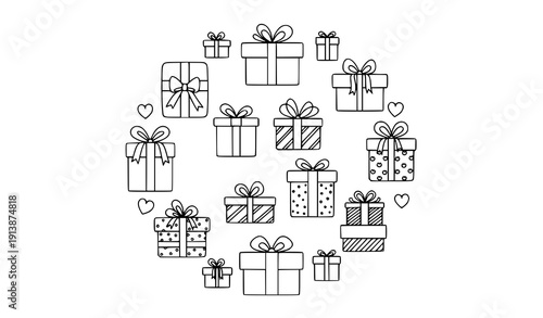 Gift box outline doodle symbol set with present package line clipart vector illustration