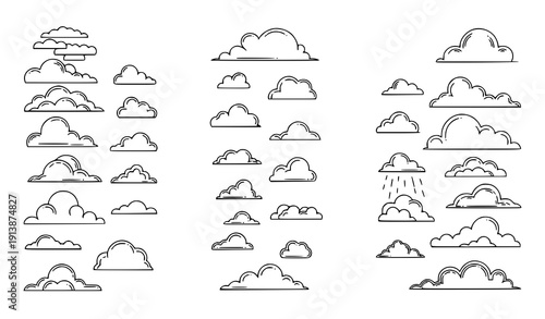 Outline cloud doodle line clipart set with hand drawn sky cloud symbols vector illustration
