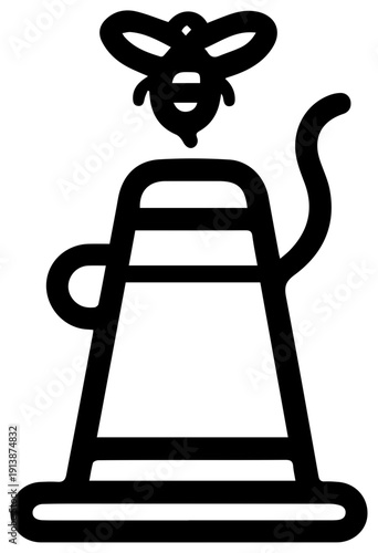 Minimalist black line icon of metal bee smoker with bee on top simple design white background apiculture symbol