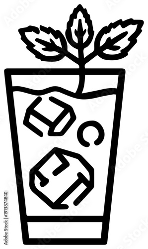 Black line icon of a mojito glass with mint leaves and ice cubes on white background minimalist cocktail illustration