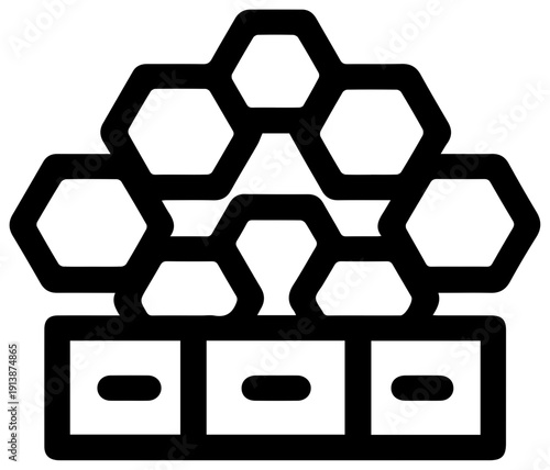 Minimalist black line icon of a beehive with honeycomb and hive boxes symbolizing beekeeping and apiculture in a simple modern design