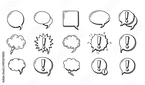 Comic exclamation mark chat bubble doodle icon set with speech notification symbols vector illustration