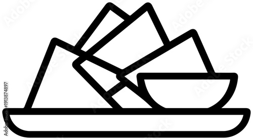 Minimalist black line icon of a plate of nachos with a bowl of dipping sauce simple design white background snack food