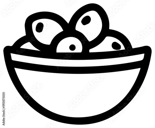 Minimalist black line icon of a small bowl filled with olives simple design white background and clean lines perfect for culinary or dining concepts