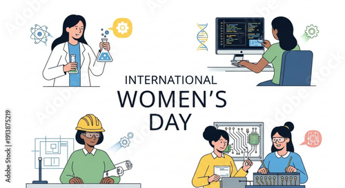 International women's day celebration with diverse professional women in stem fields and technology