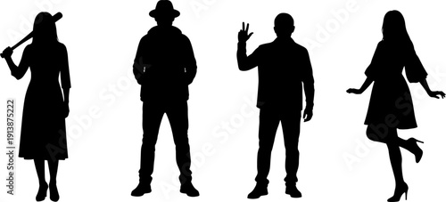 Diverse collection of people silhouettes, standing man in hat, woman holding baseball bat, person waving hand, fashionable girl in dress, people,