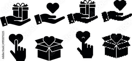 Four black silhouette icons depicting gifts hands and hearts on transparent background