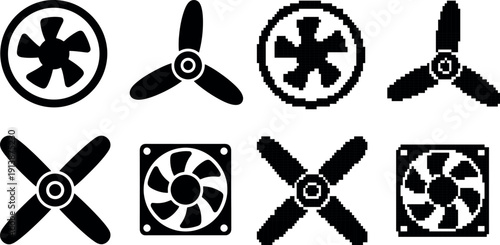 Four black fan blade icons with varying designs on transparent background