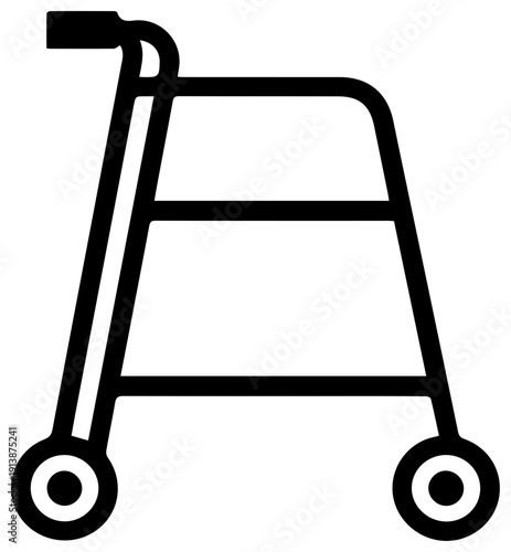Simple black line icon of a standard walker or mobility aid on white background minimalist design healthcare symbol