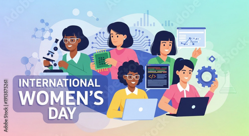 International women's day celebration with diverse group of women working on laptops and computers in colorful illustration