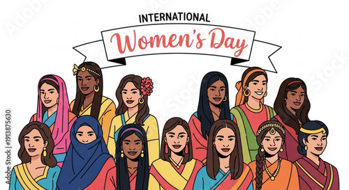 Diverse women celebrating international women's day in colorful traditional clothing and headscarves