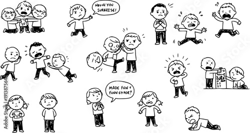 Cartoon Illustrations of Children Experiencing Emotions and Difficult Situations: Bullying, Anger, Sadness, and Conflict