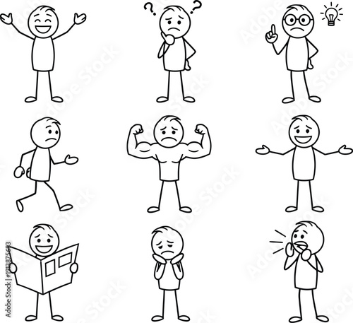 A collection of 8 emotive stick figure illustrations in various poses and expressions