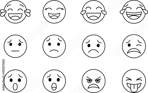 A set of 12 different facial expression emoticon faces in black and white