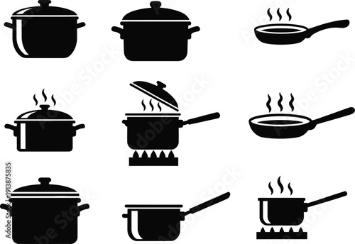 Collection of various cooking pots and pans icons in black silhouette