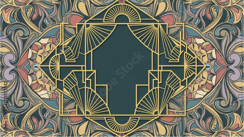 Intricate Art Nouveau pattern with floral motifs and geometric shapes in a symmetrical design viewed from directly above