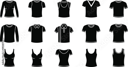 Collection of various black shirts and tops for men and women