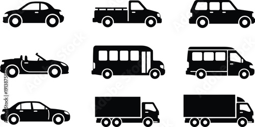 Collection of various vehicle silhouettes in black and white